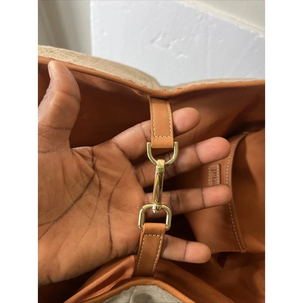 J. McLaughlin Tan Leather and Beige Canvas Hobo Bag